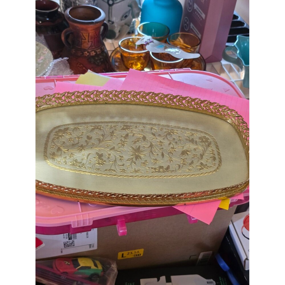 AT-1 Vintage Gold And Sliver Decorative Serving Tray - Elegant Floral Pattern